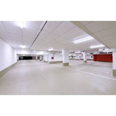 Leerer, gut beleuchteter unterirdischer Parkplatz mit weißen Säulen, leeren Stellplätzen und einem roten Wandteil im Hintergrund.