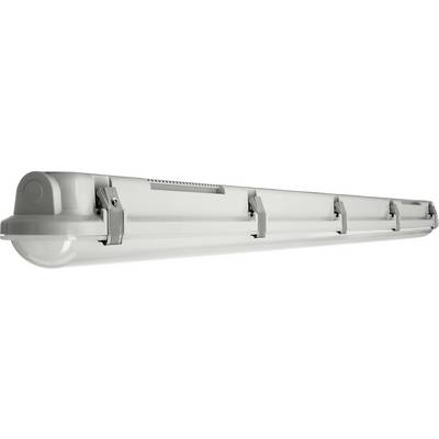 Wasserdichte LED-Leuchte mit grauem Gehäuse, mehreren Metallclips an der Seite zur Befestigung. Geeignet für industrielle Anwendungen.