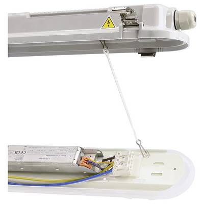 Abgebildet ist das Innenleben einer geöffneten LED-Leuchte mit sichtbaren elektrischen Anschlüssen und Kabeln. Ein Warnsymbol ist zu sehen.