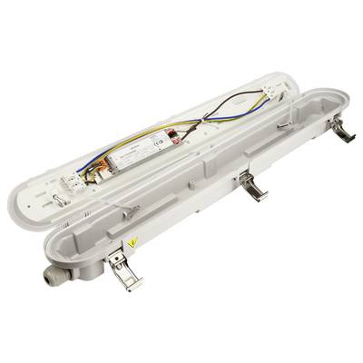 Geöffnete LED-Leuchte ohne Abdeckung, zeigt interne Verkabelung und elektronische Komponenten, geeignet für technische Installation.