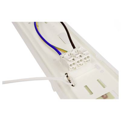 Ein weißes elektrisches Anschlusskabel mit mehrfarbigen Drähten (blau, gelb-grün, braun) in einer weißen Plastikhalterung.