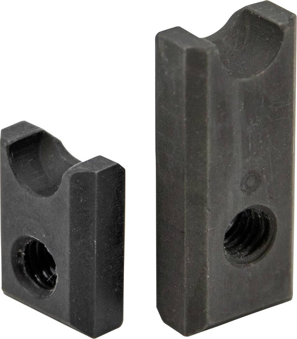 Zwei schwarze Metallgewindeklötze, einer kürzer als der andere, beide haben U-förmige Nuten auf der Oberseite.