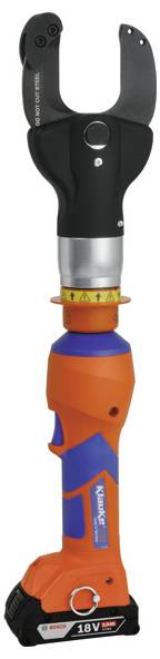 Eine orange und blaue elektrische Crimpzange mit schwarzem Griff und 18V-Akku, die zum Verbinden von Kabeln in der Elektroarbeit verwendet wird.