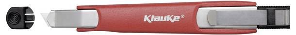 Ein roter Klauke Kabelmesser mit abnehmbarer schwarzer Klingenschutzabdeckung, konzipiert zum Schneiden und Vorbereiten von Kabelenden.