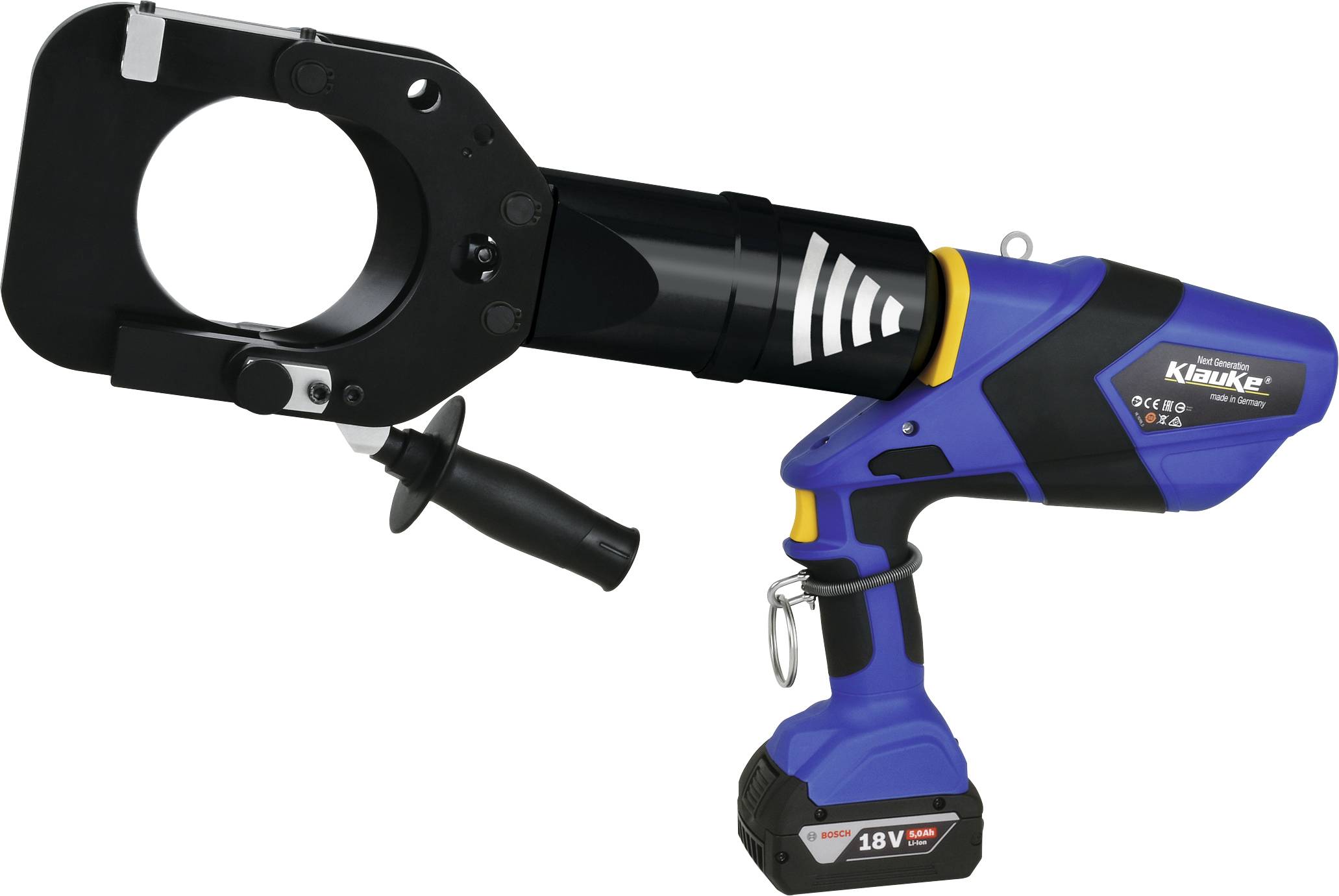Ein blau-schwarzer hydraulischer Kabelcrimpzange mit einem 18V-Akku und einem großen Crimpkopf, verwendet für schwere elektrische Arbeiten.