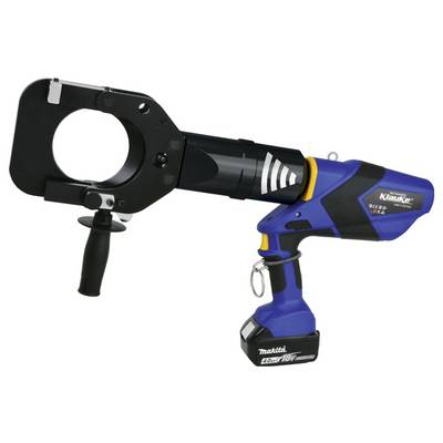 Ein batteriebetriebenes hydraulisches Schneidwerkzeug mit blau-schwarzem Design, ausgestattet mit einem kreisförmigen Schneidbereich und einem Griff für einfache Handhabung.