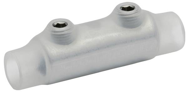 Ein transluzenter Plastik-Doppel-Klemmverbinder mit zwei Öffnungen und Metallschrauben zum Befestigen von elektrischen Leitungen.