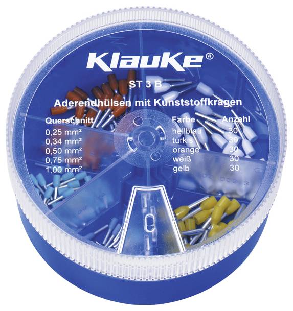 Ein rundes blaues Behältnis mit der Aufschrift 'Klauke ST 3 B' enthält eine Auswahl an farbigen Aderendhülsen mit Kunststoffkragen in verschiedenen Größen.