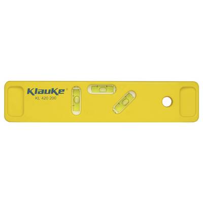 Eine gelbe Wasserwaage mit drei Blasenvials zur Messung von horizontalen, vertikalen und 45-Grad-Winkeln, mit der Markenbezeichnung 'Klauke KL 4210 200'.