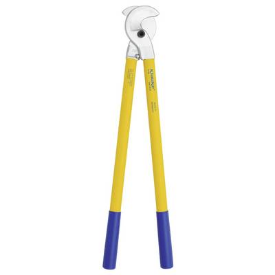 Ein Paar große gelbe und blaue Bolzenschneider mit einem robusten Metallkopf, die zum Durchtrennen schwerer Materialien wie Ketten und Bolzen entwickelt wurden.