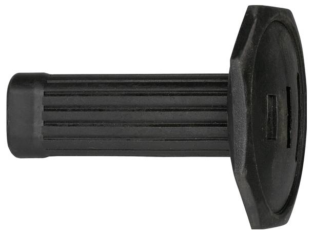 Ein schwarzer gerippter Kunststoffknopf mit einer sechseckigen flachen Basis, der zum Greifen und Drehen konzipiert ist und wahrscheinlich in industriellen oder mechanischen Umgebungen verwendet wird.