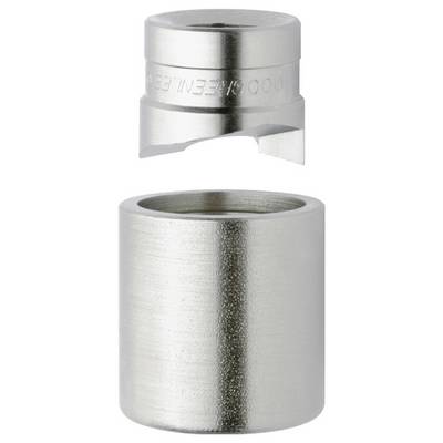 Ein silberfarbener Klempnerfitting mit einer verschraubten Kappe, die separat dargestellt wird und ein Verbindungs- oder Montagsystem andeutet.