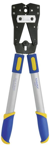 Das Bild zeigt ein Paar KNIPEX-Crimpzangen mit blauen und gelben Griffen, die für elektrische Arbeiten verwendet werden und vor einem weißen Hintergrund präsentiert werden.