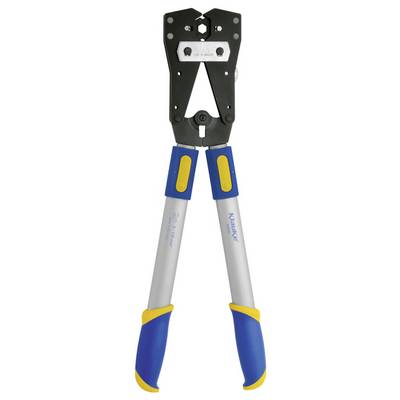 Das Bild zeigt ein Paar KNIPEX-Crimpzangen mit blauen und gelben Griffen, die für elektrische Arbeiten verwendet werden und vor einem weißen Hintergrund präsentiert werden.