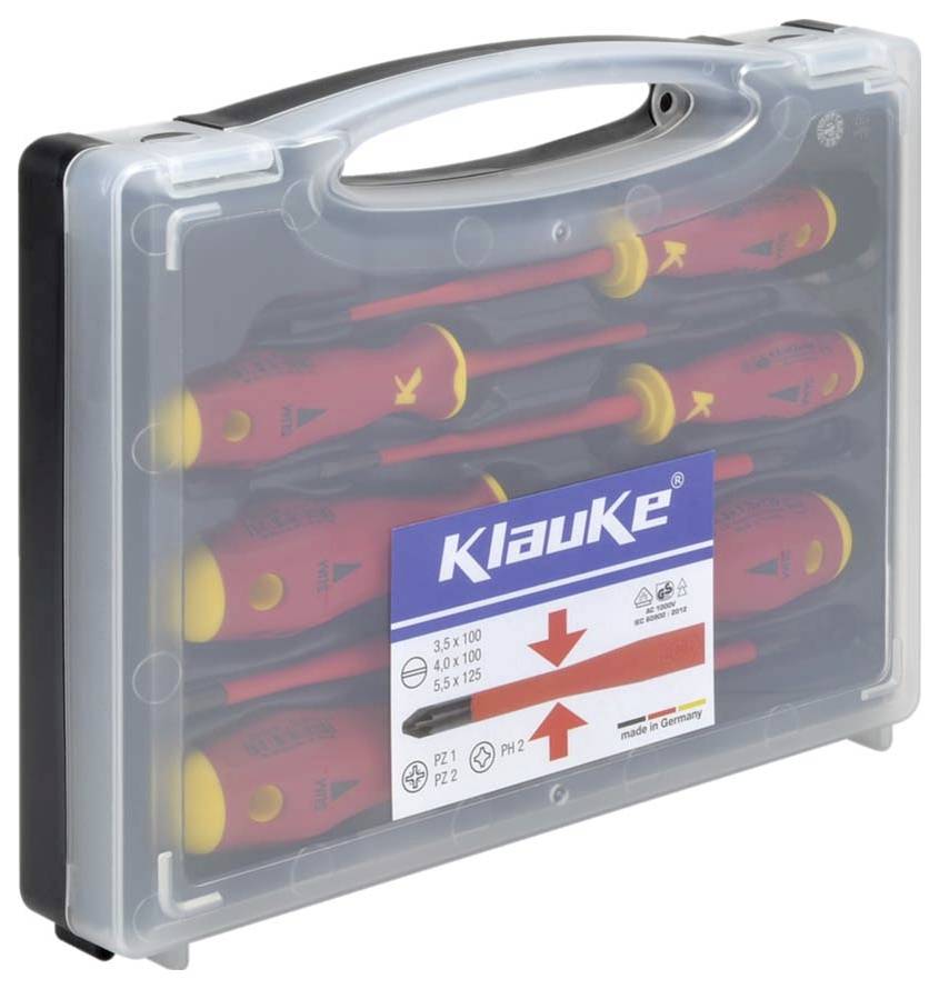 Eine durchsichtige Plastikbox enthält isolierte Schraubendreher mit roten Griffen und gelben Akzenten, beschriftet mit 'Klauke'. Das Etikett listet Größen und Typen auf.