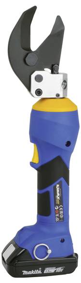 Eine blaue und schwarze elektrische Gartenschere mit wiederaufladbarem Akku, ausgestattet mit einer scharfen, offenen Klinge an der Spitze zum Schneiden von Ästen.