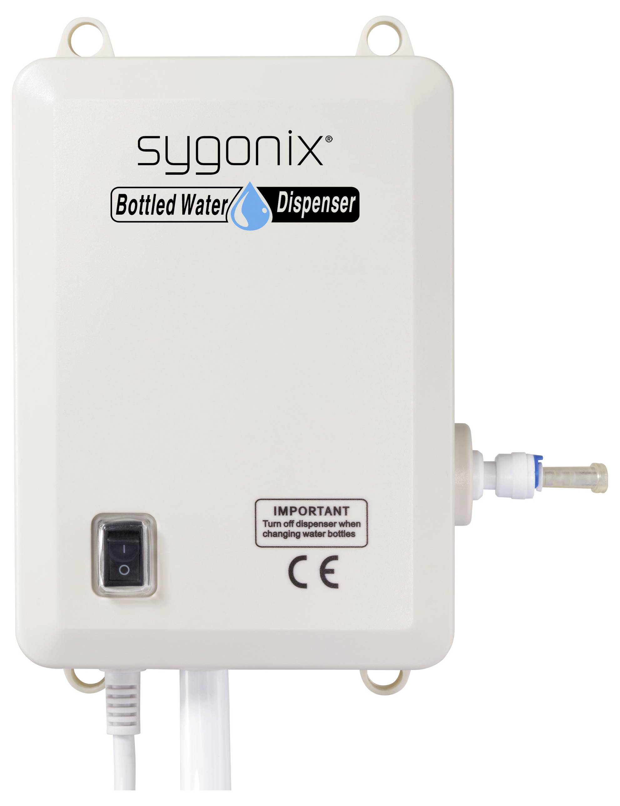 Sygonix Wasserspender-Steuereinheit mit Netzschalter und Schlauchanschluss, mit der Beschriftung "WICHTIG: Gerät bei Wasserflaschenwechsel ausschalten."