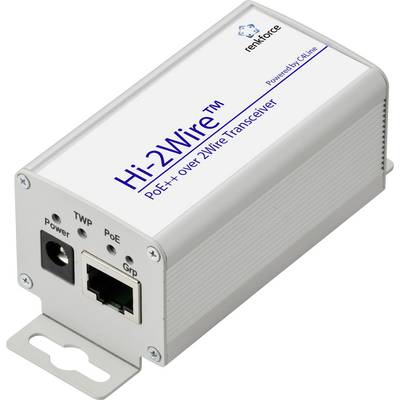 Ein weißer Hi-2Wire PoE++ über 2Wire Transceiver von Comtrend mit Energie- und Netzwerkanschlüssen sowie Statusanzeigen an der Seite.