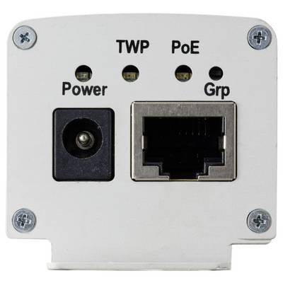 'Power'- und 'Grp'-beschriftete Anschlüsse auf einem weißen elektronischen Gerät. LED-Indikatoren für 'TWP' und 'PoE' befinden sich über den Anschlüssen.