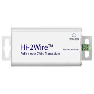 Hi-2Wire PoE++ über 2Wire Transceiver-Gerät von Renkforce, betrieben von C4Line, mit weißem Gehäuse und Montagehalterungen.