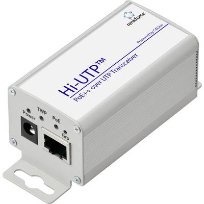 Ein kompaktes weißes Gerät mit der Aufschrift 'Hi-UTP PoE+ over UTP Transceiver', das eine Stromanzeigelampe, TWP-, PoE- und Grp-Anschlüsse aufweist und für Netzwerkkommunikation verwendet wird.