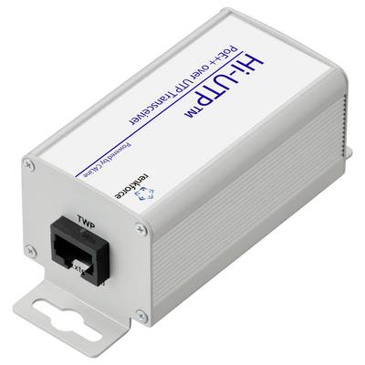 Ein kompaktes Netzwerkgerät mit der Bezeichnung 'Hi-UFTM PoE++ Over UTP Extender' mit einem Anschluss zum Verbinden von Ethernet-Kabeln, das zur Erweiterung der Netzwerkreichweite verwendet wird.