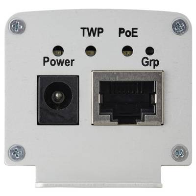 Frontansicht eines wandmontierten elektronischen Panels mit Anschlüssen, die mit "Power" und "PoE" beschriftet sind. Über den Anschlüssen befinden sich Indikatoren mit den Bezeichnungen "TWP", "PoE" und "Grp".
