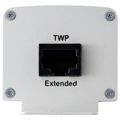Metallplatte mit einem Ethernet-Anschluss, beschriftet mit 'TWP' oben und 'Extended' unten, mit vier Schrauben an den Ecken befestigt.