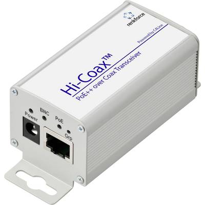 Ein kleines kastenförmiges Gerät mit der Beschriftung "Hi-Coax PoE++ über Coax Transceiver" mit Anschlüssen für Strom, BNC, PoE und Masse.