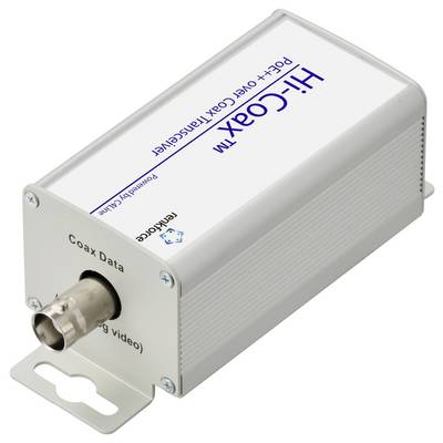 Ein rechteckiges Gerät mit der Bezeichnung 'Hi-Coax PoE++ über Coax Transceiver'. Ausgestattet mit Koaxialport, gekennzeichnet als 'Coax Daten (BNC, 78Ω Video)' und Befestigungshalterung.