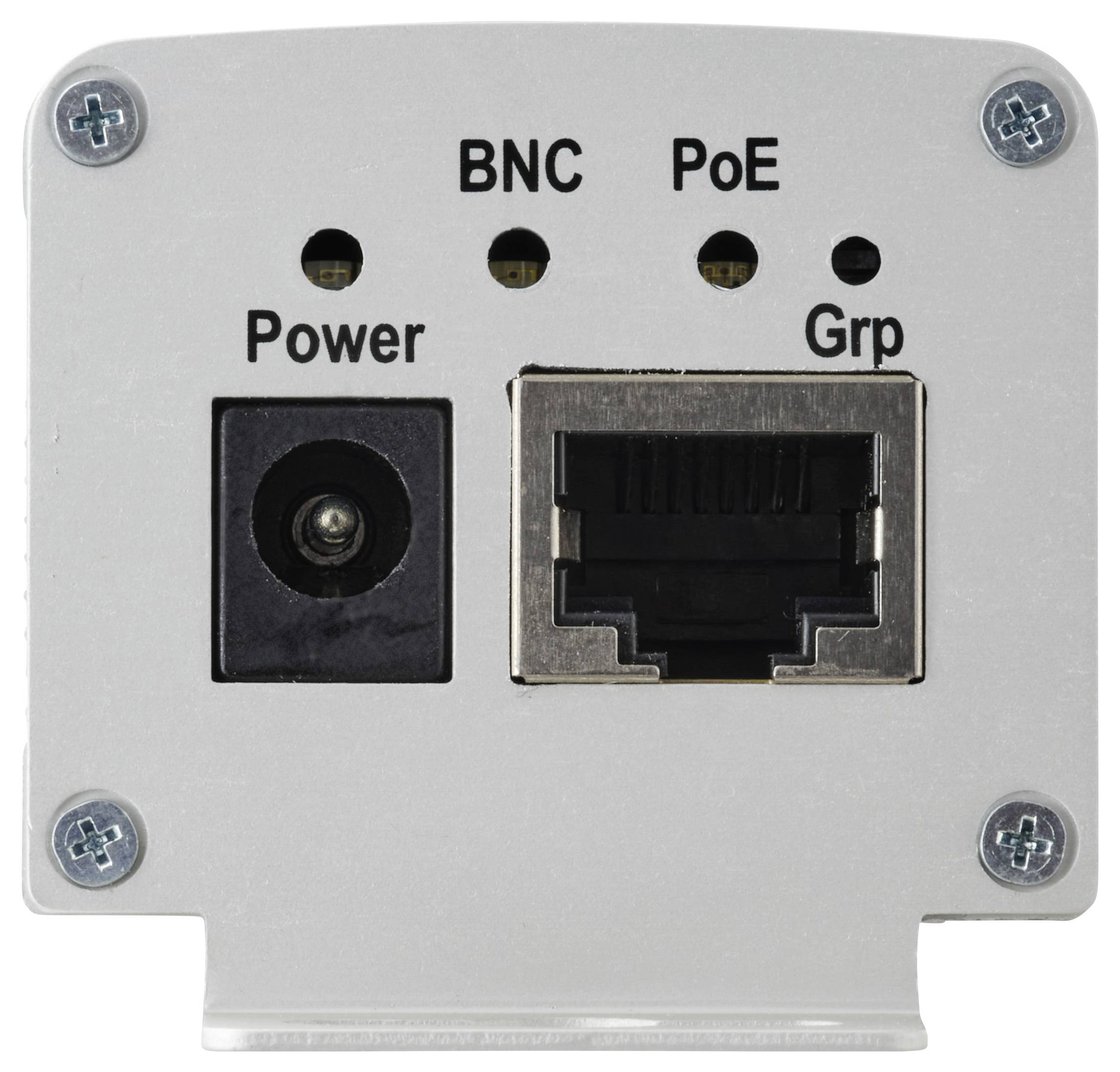 Netzwerkgerätepanel mit Anschlüssen, die mit "Strom", "BNC", "PoE" und "Grp" beschriftet sind. Beinhaltet Anschlüsse für Stromversorgung und Ethernet.