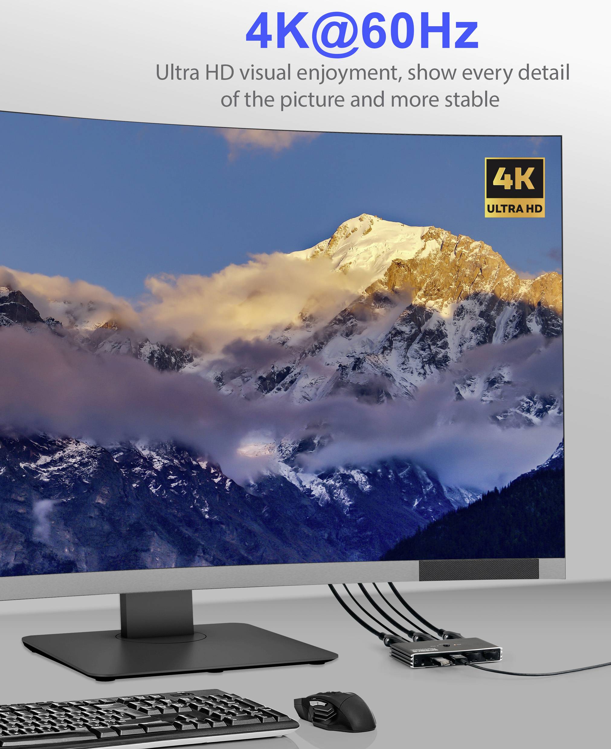 Ein Monitor zeigt eine Berglandschaft in 4K-Auflösung. Der Text lautet '4K@60Hz Ultra HD' und betont die visuelle Klarheit und Stabilität.