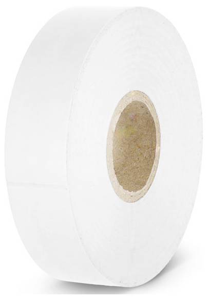 Eine Rolle weißen Klebebands, seitlich dargestellt.