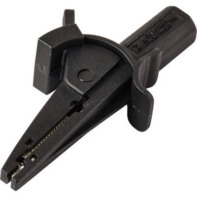 Eine schwarze Plastikklemme mit gezahnten Backen und strukturiertem Griff, die zum sicheren Halten oder Festklemmen von Objekten verwendet wird.