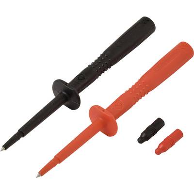 Zwei Multimetermessspitzen, eine schwarze und eine rote, mit isolierten Griffen und spitzen Metalleinsätzen zum Testen elektrischer Ströme.