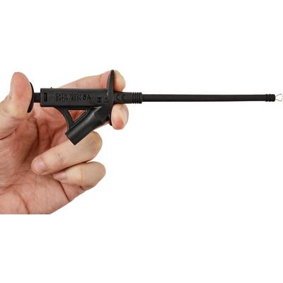 Eine Hand hält eine schwarze elektrische Messsonde, die für CAT III 1000V, 5A ausgelegt ist und sich zum sicheren Messen elektrischer Ströme eignet.