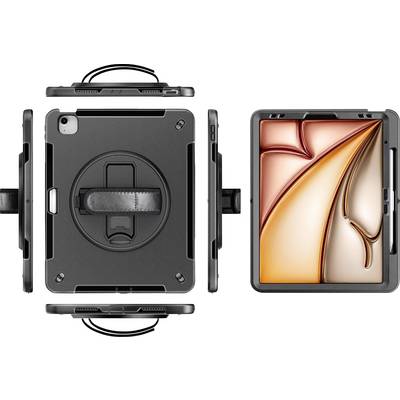 Eine schwarze Tablet-Hülle mit Griff und Ständer, die einen sicheren Halt auf allen Seiten bietet, dargestellt mit und ohne abstrakte orangefarbene Anzeige.