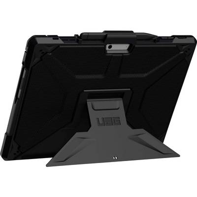 Ein robustes schwarzes Tablet-Gehäuse mit integriertem Ständer, schräg präsentiert und seine widerstandsfähige Konstruktion sowie Langlebigkeitsmerkmale hervorhebend.