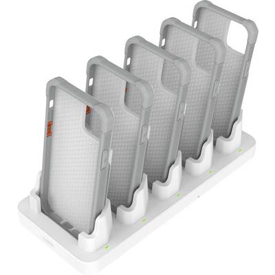 Eine Ladestation mit fünf Fächern, die jeweils eine graue, wabenmusterartige Handyhülle enthält, was Organisation und Ladefähigkeit signalisiert.