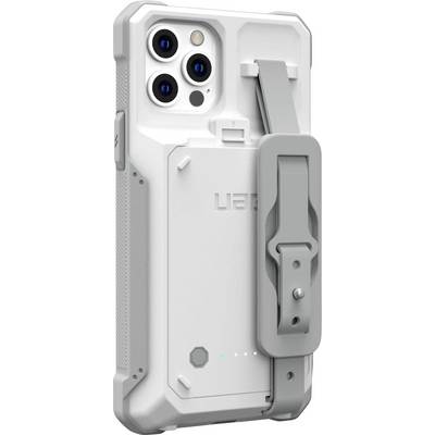Taktisch anmutende weiße Smartphone-Hülle mit einem robusten, verstellbaren Ständer. Bietet präzise Aussparungen für Kamera und Anschlüsse.