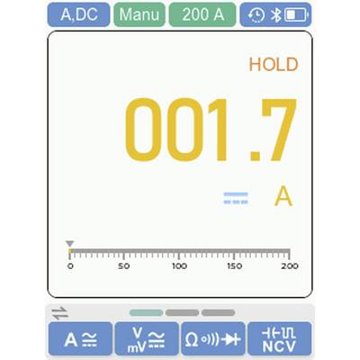 Ein Multimeter-Display für AC/DC zeigt '001.7 A' und 'HOLD', mit einer Skala von 0 bis 200A darunter. Zu den Funktionen gehören Spannung, Widerstand und Durchgangsprüfung.