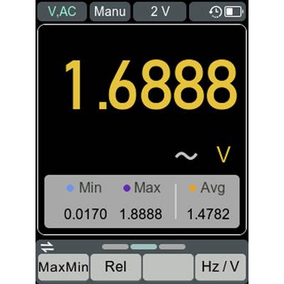 Digitales Multimeter-Display zeigt Wechselspannung als 1,6888 Volt. Min: 0,0170, Max: 1,8888, Durchschnitt: 1,4782.