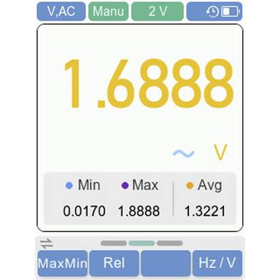 Ein digitales Multimeter-Display zeigt '1,6888 V' in Gelb, was eine Spannungsmessung anzeigt. Darunter werden Minimal-, Maximal- und Durchschnittswerte angezeigt.