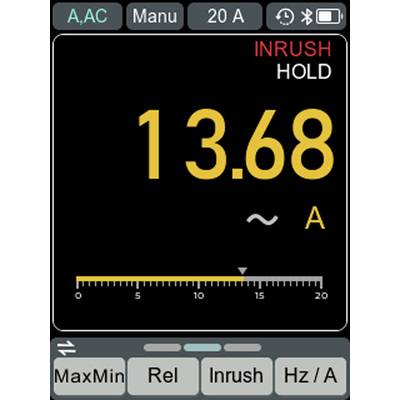 Digitales Multimeter-Display mit aktueller Messung von 13,68 A, Einschaltstrom-Haltemodus aktiv, mit Einstellungen für AC-Modus, 20-A-Bereich.