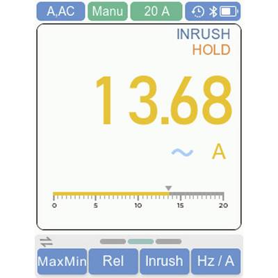 "Inrush Hold"-Modus zeigt 13,68 Ampere; Bereich von 0 bis 20 A. Messwerkzeuge für Max/Min, Rel, Inrush und Hz/A sichtbar.