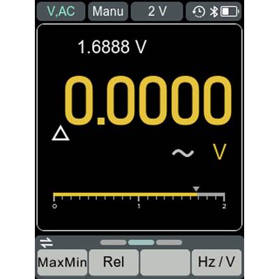 Digitales Multimeter-Display im Spannungsmessbereich mit 2V-Skala, Anzeige von 0,00000 Volt und Optionen für AC und manuellen Modus.