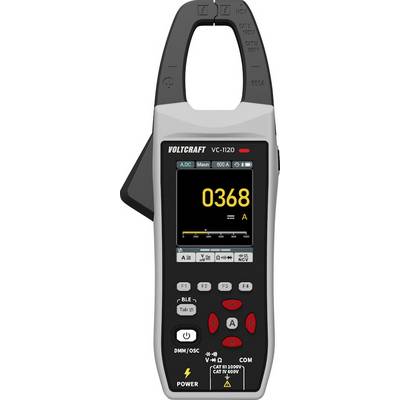 'Voltcraft VC-1120' digitales Zangenamperemeter mit einer Anzeige von 0368 A. Enthält Tasten und Einstellungen für verschiedene elektrische Messungen.