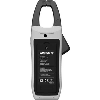 Zangen-Multimeter Rückansicht mit Voltcraft-Marke, Modellnummer VC-330 und Sicherheitswarnung zum Messen ausschließlich innerhalb der angegebenen Grenzen.