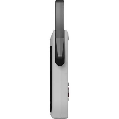 Seitenansicht eines grauen Handgeräts mit einer schwarzen Antenne, höchstwahrscheinlich ein Walkie-Talkie, das minimale Tasten und ein schlankes Design zeigt.