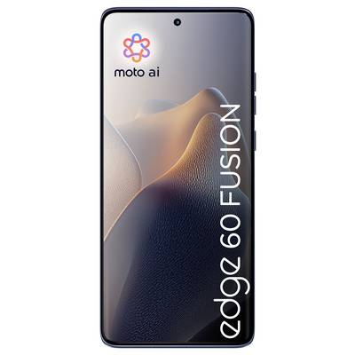 Smartphone mit minimalistische bergthematische Hintergrundbild, auf dem die Wörter „moto ai" und „edge 60 fusion" prominent im Design dargestellt sind.